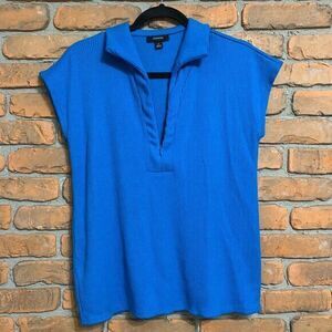 Alfani Top Women's Size Small Blue Ribbed Mock Neck Half Zip Stretch Knit Blouse